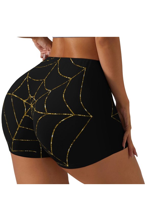 Golden Spider Web Printed Workout Shorts for Women Seamless Scrunch Butt Lifting High Waisted Yoga Gym Booty Running Moisture-wicking Short Pants-Small