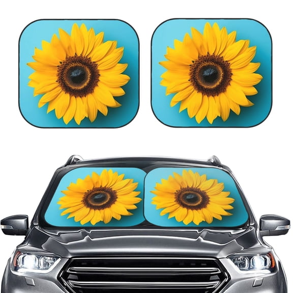 Picia Golden Sunflower in Blue 2 Piece Car Windshield Sun Shade Foldable | Foldable Sun Shield for Front Window Blocks UV Rays and Keeps Your Vehicle Cool-Medium