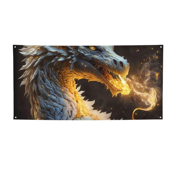 Picia Golden White Fire Dragon Pattern Party Banner, Festive Decoration, Holiday Banner, Celebration Decor, Event Banner, Reusable Party Banner-Medium