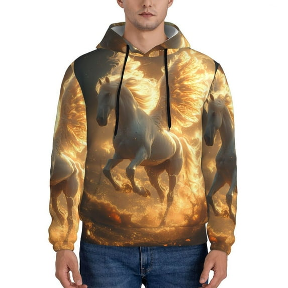 Picia Golden Winged White Horse Pattern Casual Men's Hoodie - Lightweight Hooded Sweatshirt with Kangaroo Pocket, Comfortable Pullover for Everyday, Travel-Small