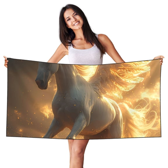 Picia Golden Winged White Horse Print Silver Fox Velvet Beach Towel,Quick-Dry Beach Towel,Lightweight Travel Towel,Portable Beach Towels