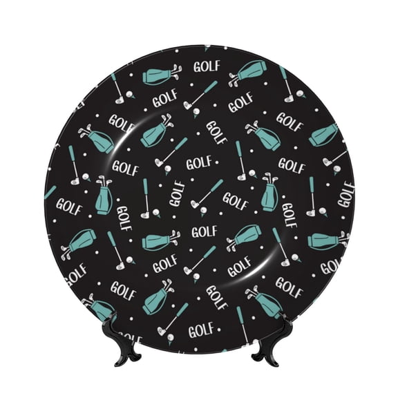 Picia Golf Bags And Balls Pattern Bone China Decorative Plate – Wall Decor with Stand and Adhesive, Elegant Ornament for Living Room, Office, or Entryway-8in