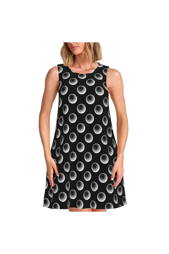 Golf Balls Print Women’s Sleeveless Midi Swing Dress – A-Line Pleated Tank Sundress, Comfortable and Flowy T-Shirt Dress