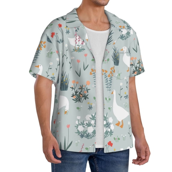 Picia Goose and Doodle Flowers Men's Linen Shirts Short Sleeve Cuban Beach Shirts Casual Shirts Button Down Shirt for Men Beach Summer Wedding Shirt-4X-Large