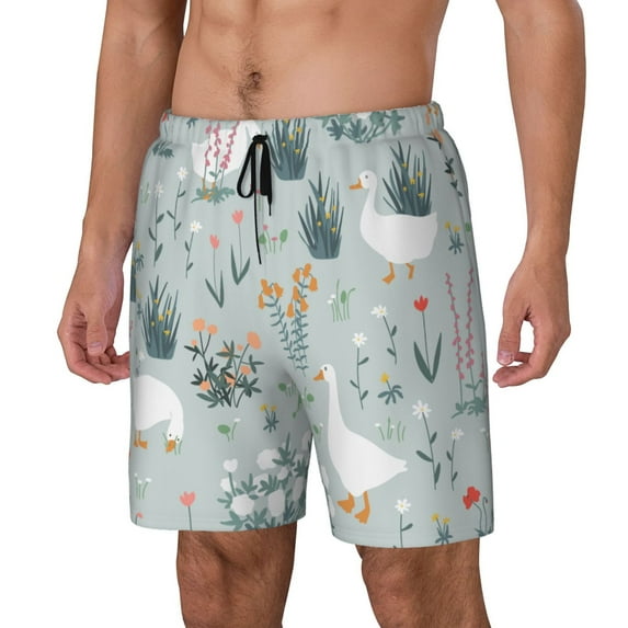 Picia Goose and Doodle Flowers pattern Mens Swim Trunks with Compression Liner Stretch Beach Shorts Quick Dry with Zipper Pockets No-Chafing Board Shorts-X-Large