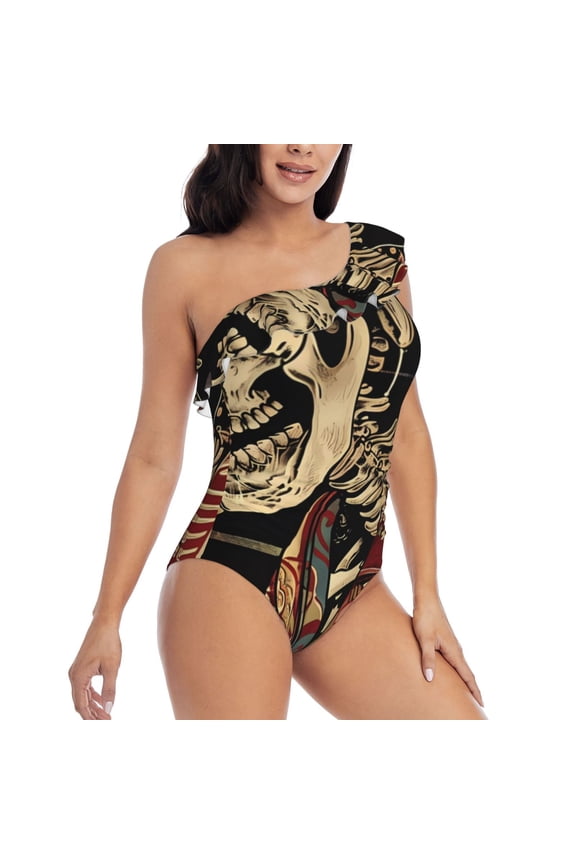 Gothic Eastern Floral Skull Pattern Women's One Piece Swimsuits,One Shoulder Swimwear Asymmetric ,Ruffle Monokinis Bathing Suits,High Waisted Flattering Bathing Suits-Medium
