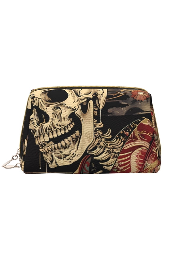 Gothic Eastern Floral Skull Print Leather Makeup Bag Make Up Bag Travel Toiletry Bag for Her Girlfriend Teacher Teen Girl Gifts