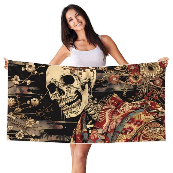 Picia Gothic Eastern Floral Skull Print Silver Fox Velvet Beach Towel,Quick-Dry Beach Towel,Lightweight Travel Towel,Portable Beach Towels