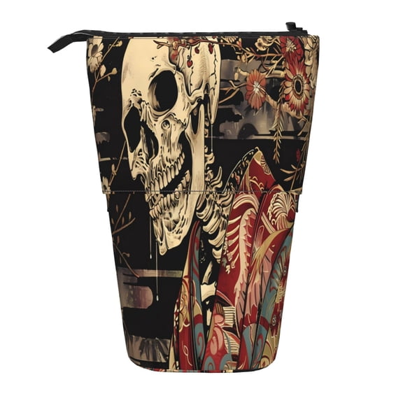 Picia Gothic Eastern Floral Skull Print Telescopic Pencil Case, Telescopic Pen Holder Telescopic Pencil Pouch Bag Stationery Pencil Case Box Storage Organizer Makeup Bag