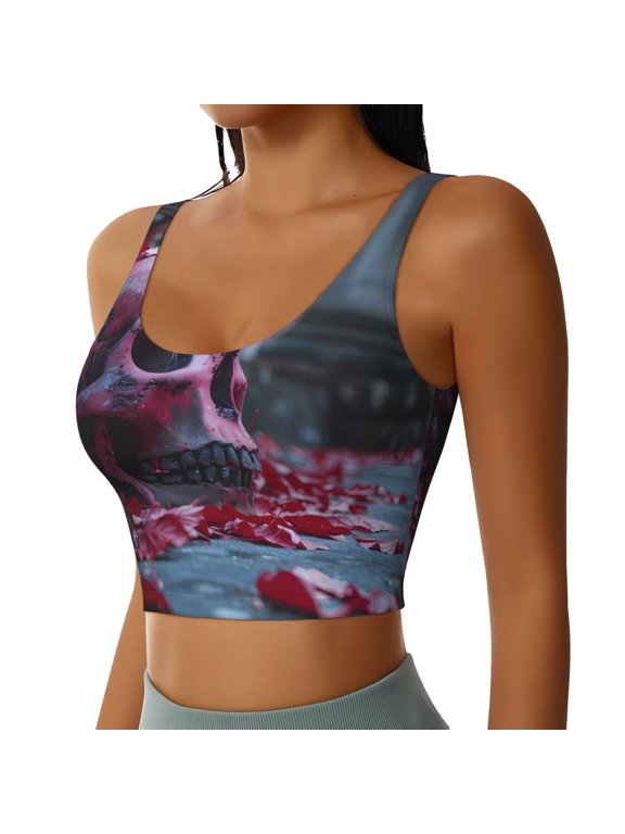 Gothic Red Skull Cemetery Sports Bra for Women,Padded Strappy Sports Bras Medium Support Yoga Bra with Removable Cups,Running Yoga Bra-Medium