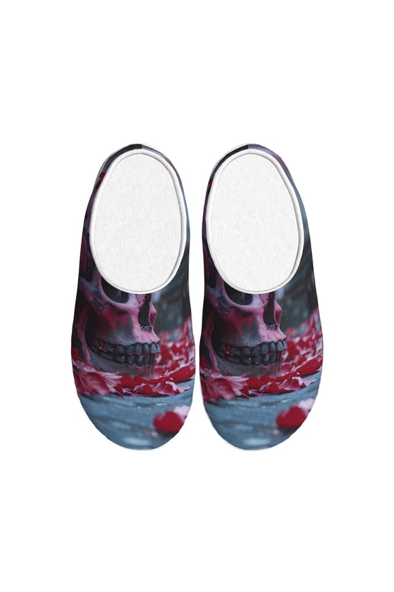 Gothic Red Skull Cemetery for Women's Lamb-hug Comfy Fleece House Slippers Memory Foam, Slip-on House Shoes Indoor Outdoor-39/40