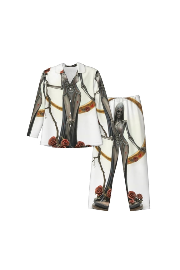 Gothic Skeleton With Roses Pattern Men’s Long-Sleeve Sleepwear Set - Soft 2-Piece Loungewear with Pockets, Comfy PJs for Relaxing Nights-X-Large