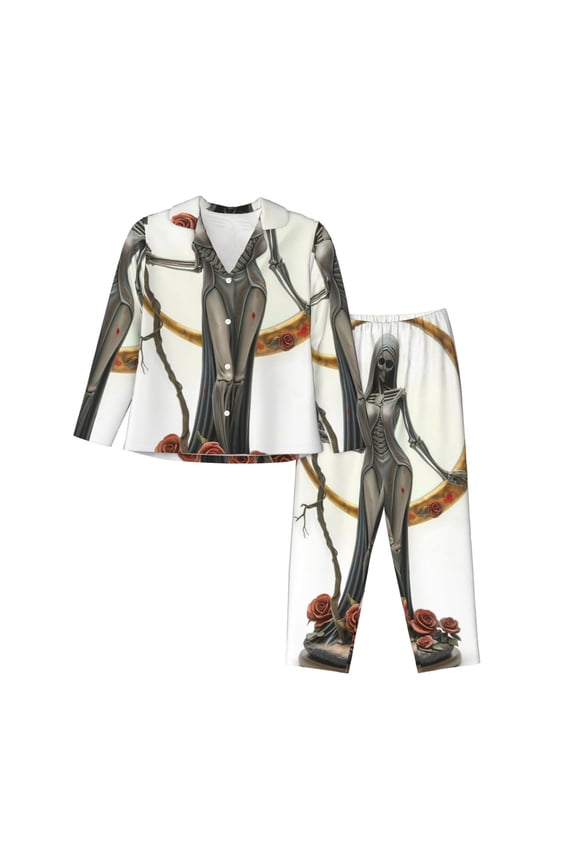 Gothic Skeleton With Roses Pattern Women’s Long-Sleeve Sleepwear Set - Soft 2-Piece Loungewear with Pockets, Comfy PJs for Relaxing Nights-Medium