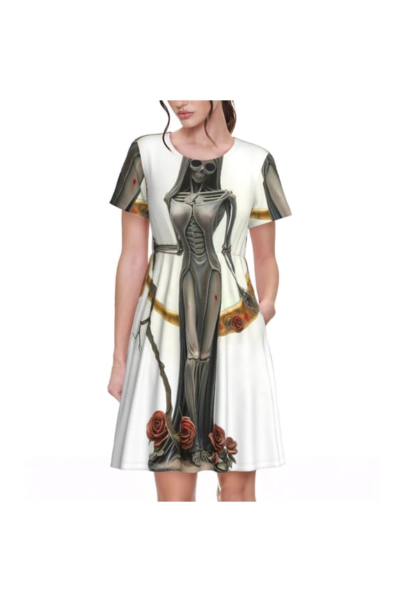 Gothic Skeleton With Roses Pattern Women's Short Sleeve Summer Dress Pleated Loose Swing Knee Length Short Sleeve Swing Dresses