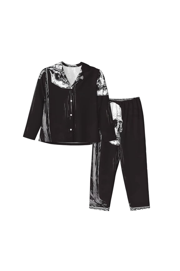 Gothic Skull Drape Pattern Women’s Long-Sleeve Sleepwear Set - Soft 2-Piece Loungewear with Pockets, Comfy PJs for Relaxing Nights-Medium