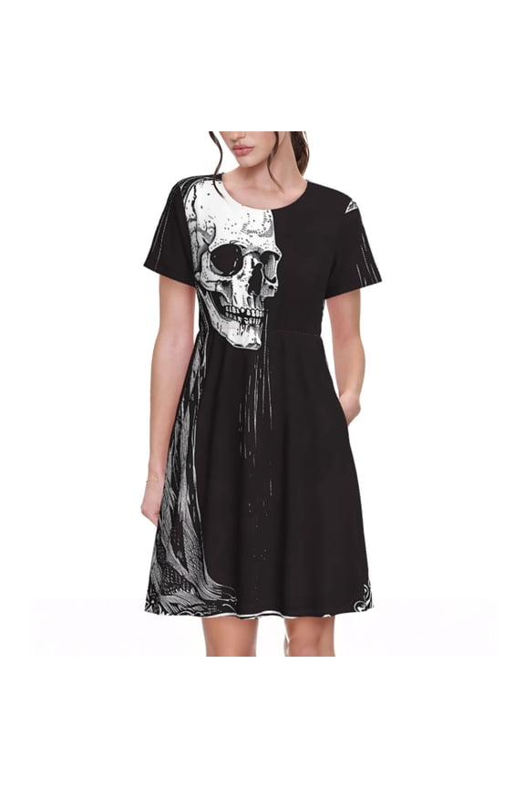 Gothic Skull Drape Pattern Women's Short Sleeve Summer Dress Pleated Loose Swing Knee Length Short Sleeve Swing Dresses