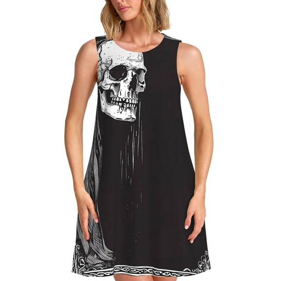 Picia Gothic Skull Drape Print Women’s Sleeveless Midi Swing Dress – A-Line Pleated Tank Sundress, Comfortable and Flowy T-Shirt Dress