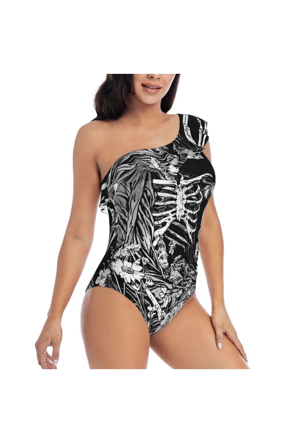 Gothic Skull Floral Art Pattern Women's One Piece Swimsuits,One Shoulder Swimwear Asymmetric ,Ruffle Monokinis Bathing Suits,High Waisted Flattering Bathing Suits-X-Large