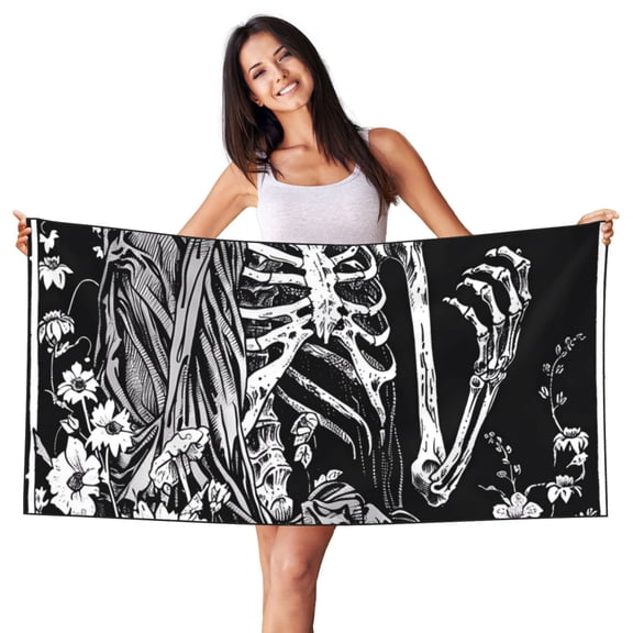 Picia Gothic Skull Floral Art Print Silver Fox Velvet Beach Towel,Quick-Dry Beach Towel,Lightweight Travel Towel,Portable Beach Towels