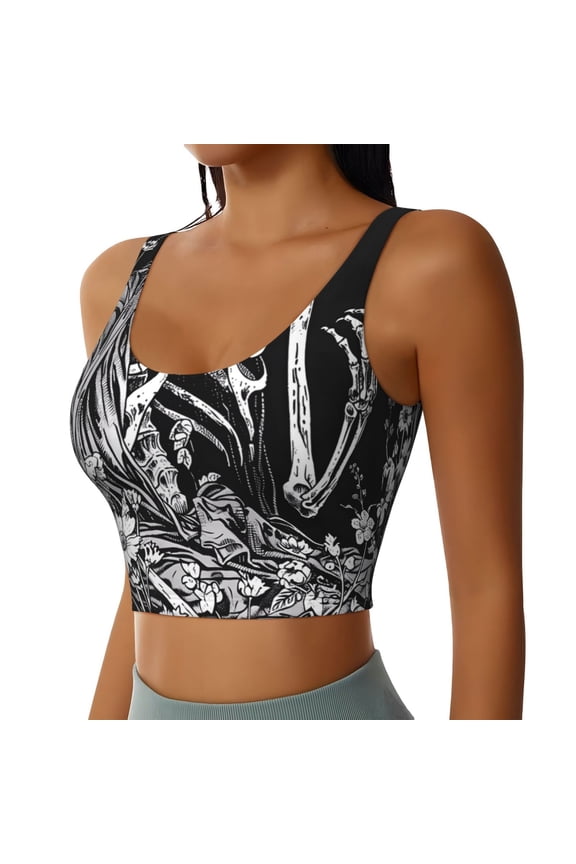 Gothic Skull Floral Art Sports Bra for Women,Padded Strappy Sports Bras Medium Support Yoga Bra with Removable Cups,Running Yoga Bra-X-Large