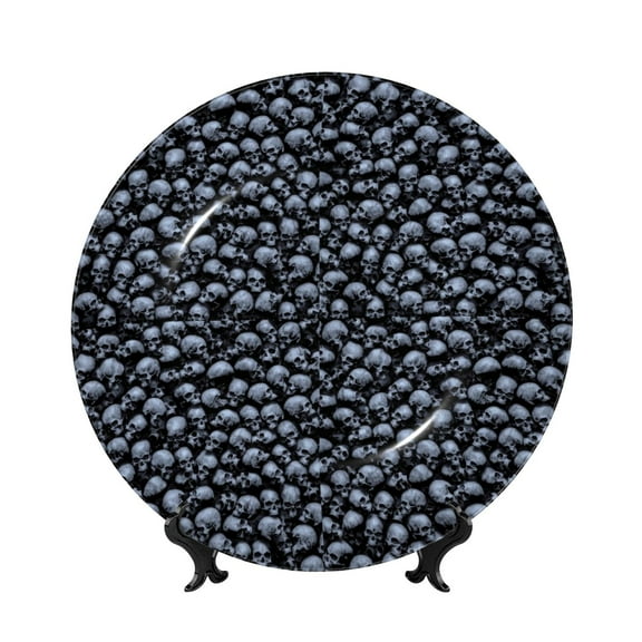 Picia Gothic Skull Pattern Bone China Decorative Plate – Wall Decor with Stand and Adhesive, Elegant Ornament for Living Room, Office, or Entryway-6in