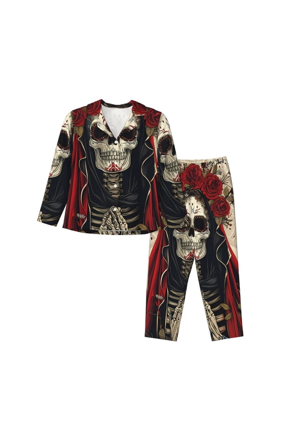 Gothic Skull With Roses Pattern Women’s Long-Sleeve Sleepwear Set - Soft 2-Piece Loungewear with Pockets, Comfy PJs for Relaxing Nights-Medium
