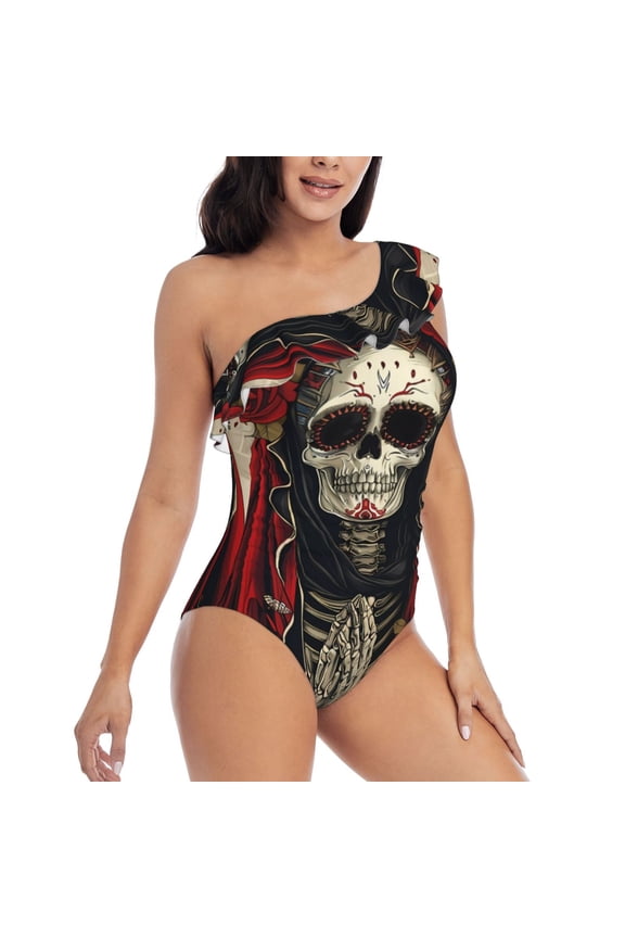Gothic Skull With Roses Pattern Women's One Piece Swimsuits,One Shoulder Swimwear Asymmetric ,Ruffle Monokinis Bathing Suits,High Waisted Flattering Bathing Suits-XX-Large