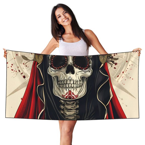 Picia Gothic Skull With Roses Print Silver Fox Velvet Beach Towel,Quick-Dry Beach Towel,Lightweight Travel Towel,Portable Beach Towels