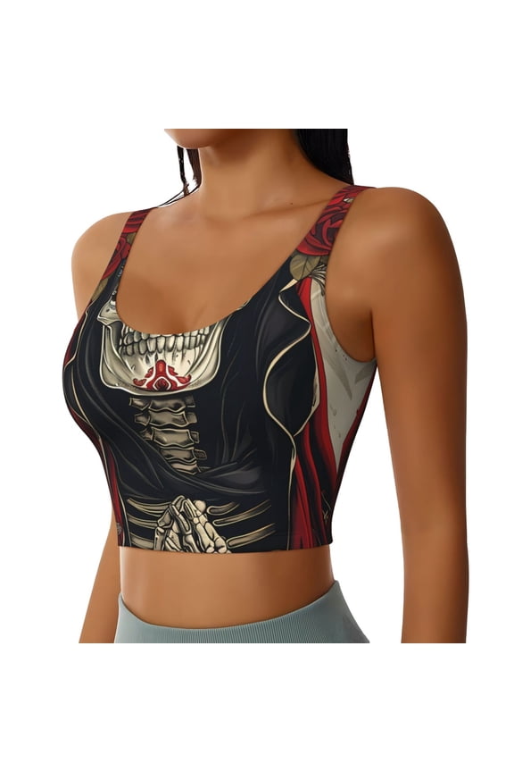 Gothic Skull With Roses Sports Bra for Women,Padded Strappy Sports Bras Medium Support Yoga Bra with Removable Cups,Running Yoga Bra-XX-Large