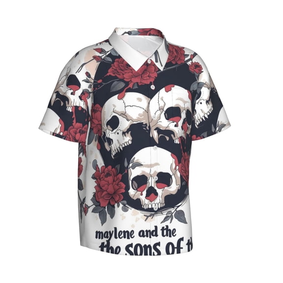 Picia Gothic Skulls And Roses Gentle Cotton Regular Fit Short Sleeve Casual Hawaiian Shirt for Men-X-Large