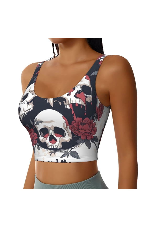 Gothic Skulls And Roses Sports Bra for Women,Padded Strappy Sports Bras Medium Support Yoga Bra with Removable Cups,Running Yoga Bra-
