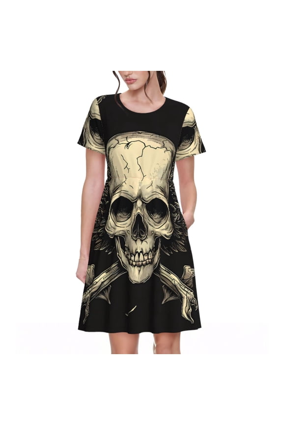 Gothic Winged Skull Pattern Women's Short Sleeve Summer Dress Pleated Loose Swing Knee Length Short Sleeve Swing Dresses