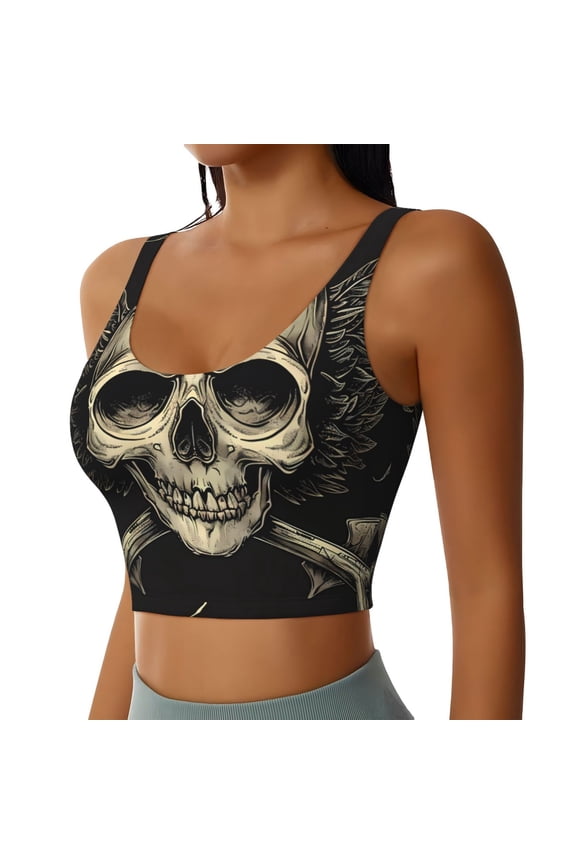Gothic Winged Skull Sports Bra for Women,Padded Strappy Sports Bras Medium Support Yoga Bra with Removable Cups,Running Yoga Bra-Large