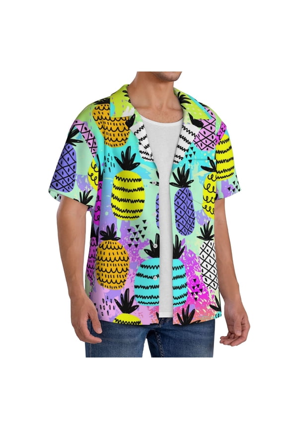 Graffiti Pineapples Men's Linen Shirts Short Sleeve Cuban Beach Shirts Casual Shirts Button Down Shirt for Men Beach Summer Wedding Shirt-