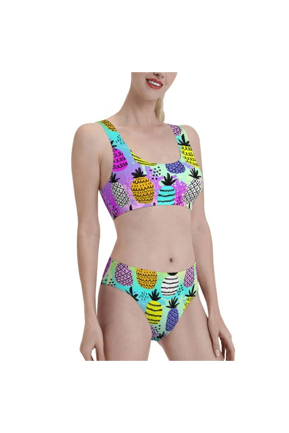 Graffiti Pineapples Women's High Waisted Bikini Scoop Neck Swimsuit Two Pieces Bathing Suit-Large