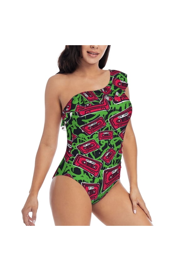 Graffiti Tape Pattern Women's One Piece Swimsuits,One Shoulder Swimwear Asymmetric ,Ruffle Monokinis Bathing Suits,High Waisted Flattering Bathing Suits-X-Large