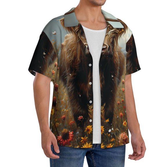 Picia Grassland Sunflower Cow Men's Linen Shirts Short Sleeve Cuban Beach Shirts Casual Shirts Button Down Shirt for Men Beach Summer Wedding Shirt-4X-Large