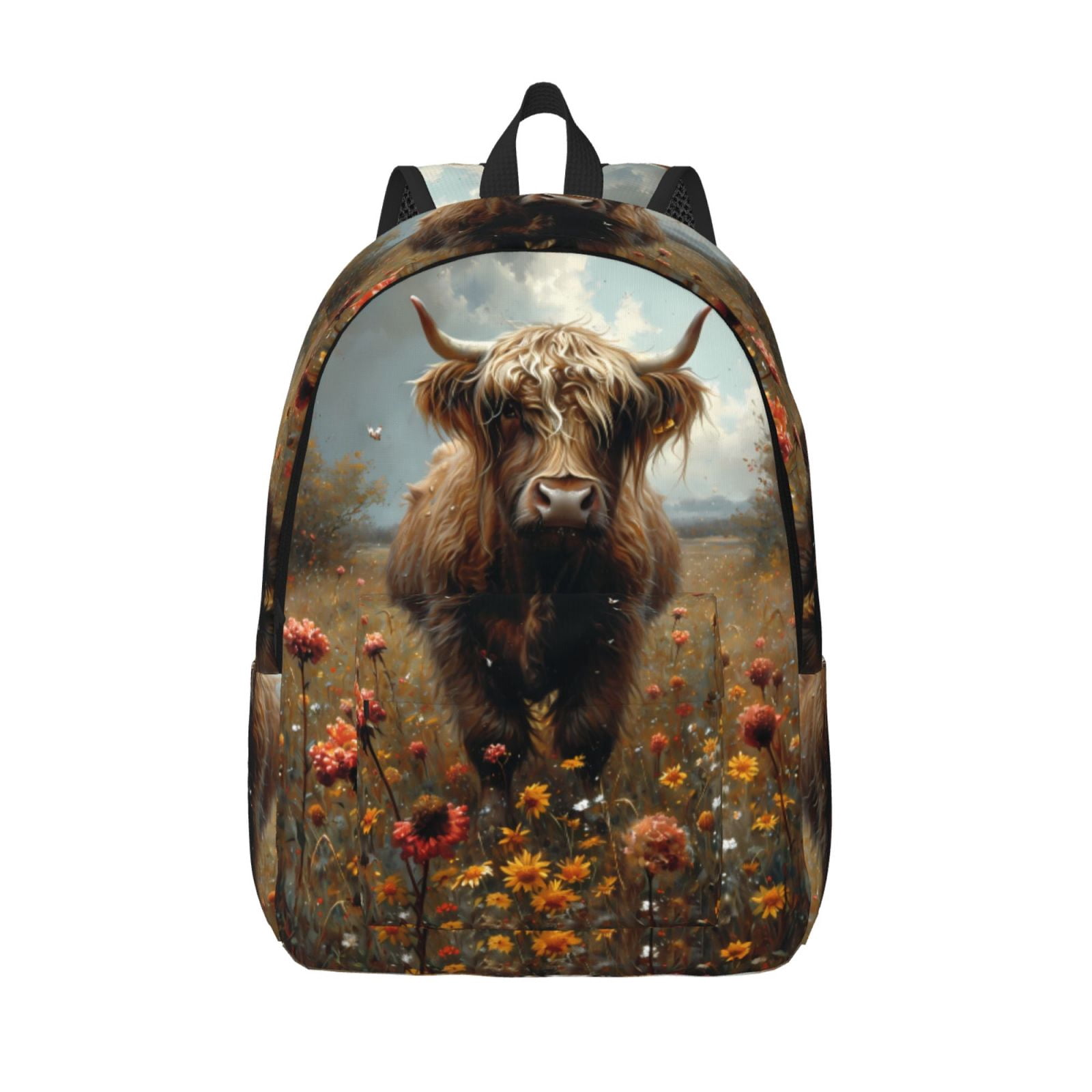 Picia Grassland Sunflower Cow Printed Canvas Daypack - Stylish and Durable Vintage Compact Backpack - Class, Work, Travel, or Laptop Bookbag,Organized Compartments-Small