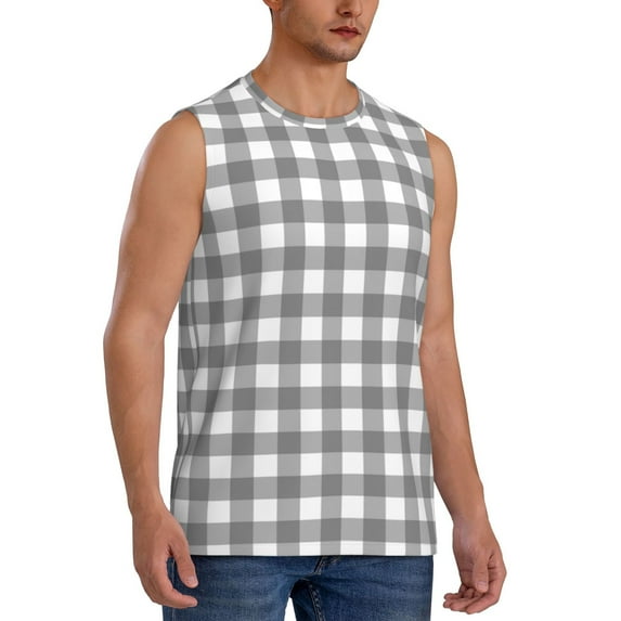 Picia Gray Checkboard mens Cotton Tank Undershirts , Moisture-wicking Ribbed Tanks, Lightweight Cotton Tank Undershirts-Small