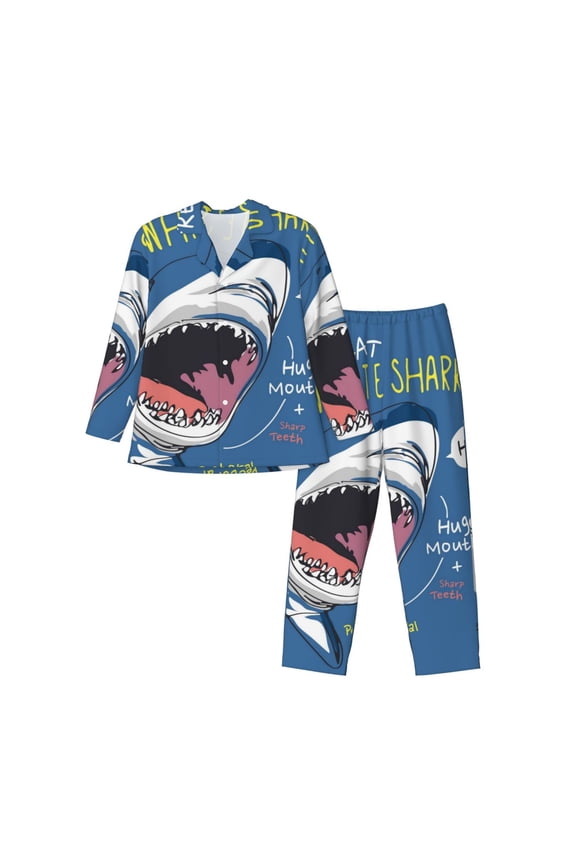 Great White Shark Pattern Men’s Long-Sleeve Sleepwear Set - Soft 2-Piece Loungewear with Pockets, Comfy PJs for Relaxing Nights-Large