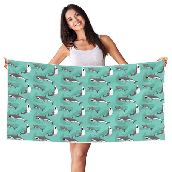 Picia Great White Shark Print Silver Fox Velvet Beach Towel,Quick-Dry Beach Towel,Lightweight Travel Towel,Portable Beach Towels
