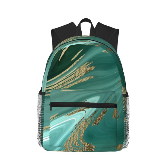 Picia Green And Gold Marble Large Capacity Backpack Classic Style Backpack Casual Backpack Water-Resistant School Work Travel Outdoor Backpack