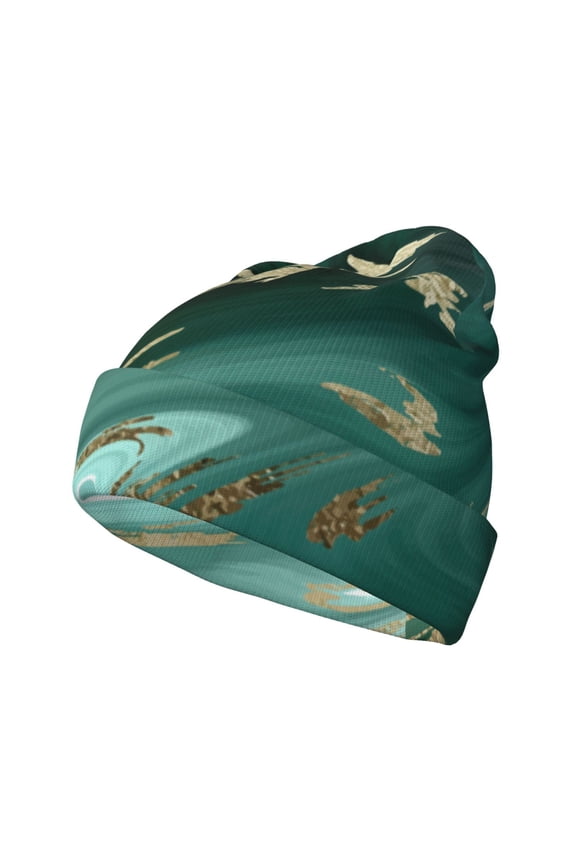 Green And Gold Marble Pattern Knitted Beanie Hat for Men and Women , Unisex Winter Warm Stretchy Knit Cap Thick Fisherman Beanies Cuffed Plain Skull Caps