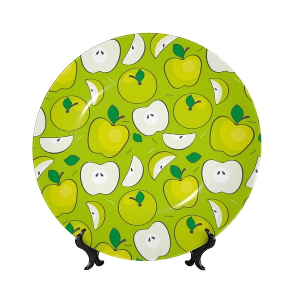 Picia Green Apple Pattern Bone China Decorative Plate – Wall Decor with Stand and Adhesive, Elegant Ornament for Living Room, Office, or Entryway-6in