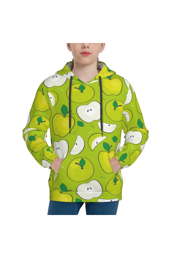 Green Apple Pattern Youth Hoodie - Warm Pullover Sweatshirt with Kangaroo Pocket, Ideal for Boys and Girls-Large