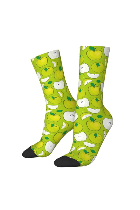 Green Apple Print Athletic Socks for Men & Women – Cushioned Moisture-Wicking Crew Socks for Sports, Running, and Training, Soft & Breathable Size 5-11