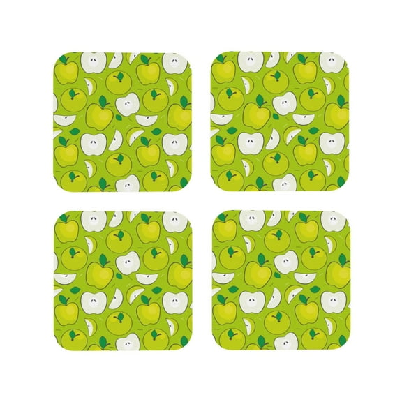 Picia Green Apple Printed Leather Coasters for Drinks, 4" Drink Coasters Set of 4 for Tabletop Protection, Handmade Luxurious Home Décor and Housewarming Gift -Square