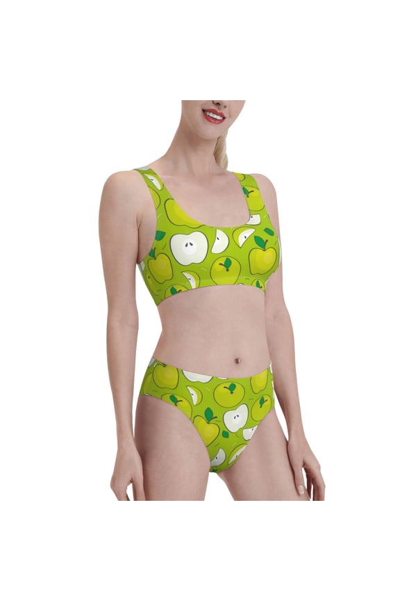 Green Apple Women's High Waisted Bikini Scoop Neck Swimsuit Two Pieces Bathing Suit-Medium