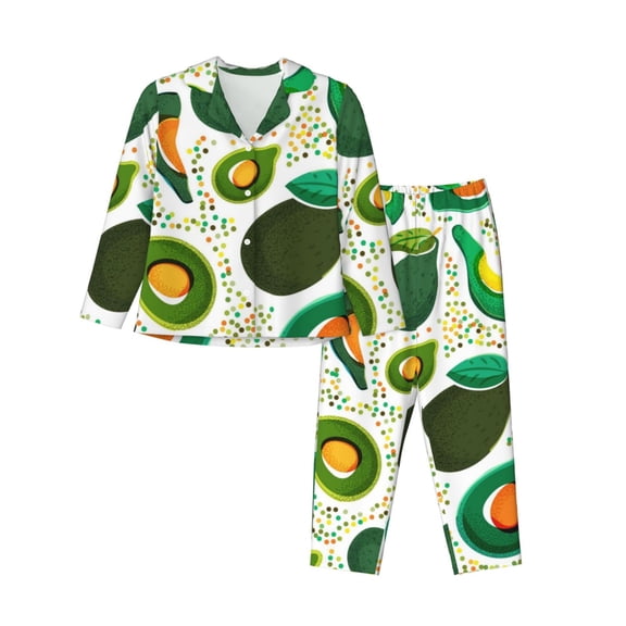 Picia Green Avocado Pattern Women’s Long-Sleeve Sleepwear Set - Soft 2-Piece Loungewear with Pockets, Comfy PJs for Relaxing Nights-X-Large