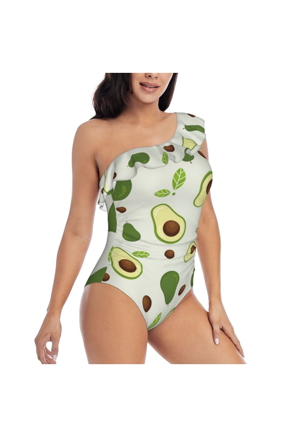 Green Avocado Pattern Women's One Piece Swimsuits,One Shoulder Swimwear Asymmetric ,Ruffle Monokinis Bathing Suits,High Waisted Flattering Bathing Suits-X-Large